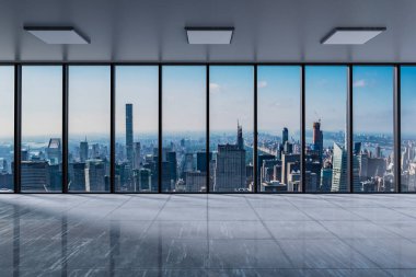 Önden görünüm modern boş ofis parlak gün ışığı - 3d çizim, panoramik manzarası manzaralı