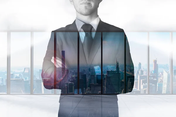 double exposure businessman modern office with skyline view 3D Illustration