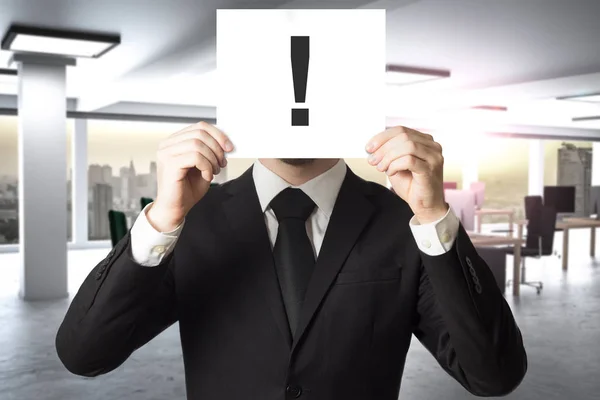 Businessman Large Modern Office Hides Face Sign Exclamation Mark3D Illustration — Stock Photo, Image