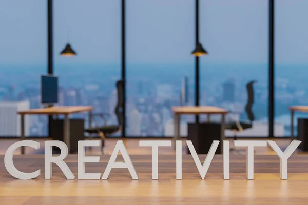 creativity logo on clean wooden desk in modern office with skyline view 3d rendering