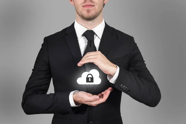 Businessman Protects Cloud Data Symbol His Hands Malware — Stock Photo, Image