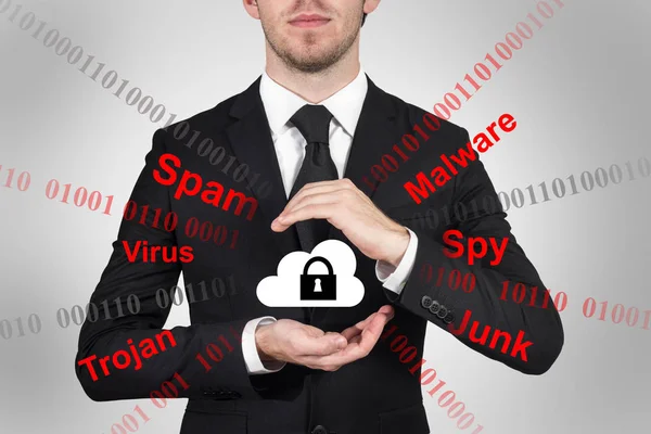 Podnikatel Chrání Cloud Datový Symbol Jeho Rukou Malware — Stock fotografie