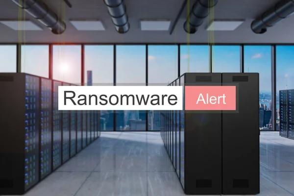 Ransomware Alerta Barra Pesquisa Vermelha Grande Sala Servidor Moderno Vista — Fotografia de Stock