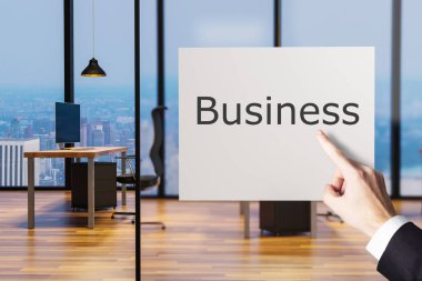 Billboard temiz Ofis İşyeri iş, 3d çizim gösteren işadamı parmak