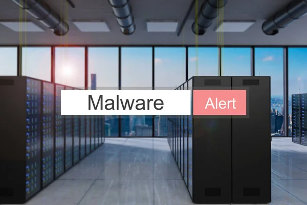 恶意软件警报在红色搜索栏现代服务器机房天际线视图 — 图库照片