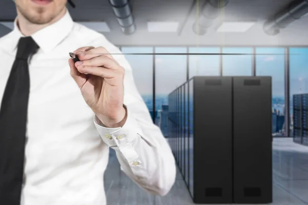 Geschäftsmann Serverraum Schreibt Firewall Die Luft Illustration — Stockfoto