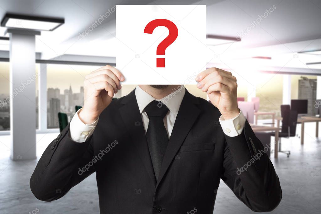 businessman in office hides face behind sign question mark 3D Illustration