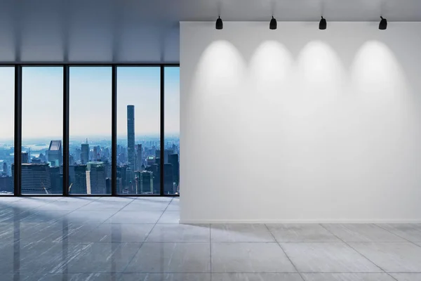 在全景窗口天际线前设有空白白墙的大办公室 3D说明 — 图库照片