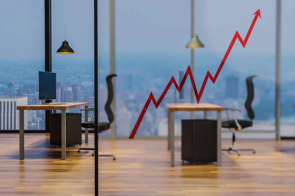 Gráfico rojo creciente de la bolsa en la pared de cristal en el trabajo moderno de la oficina —  Fotos de Stock