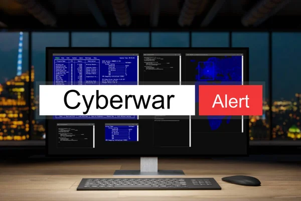 Computerarbeitsplatz Dunkler Nacht Büro Skyline Ansicht Warnung Cyber Krieg Illustration — Stockfoto