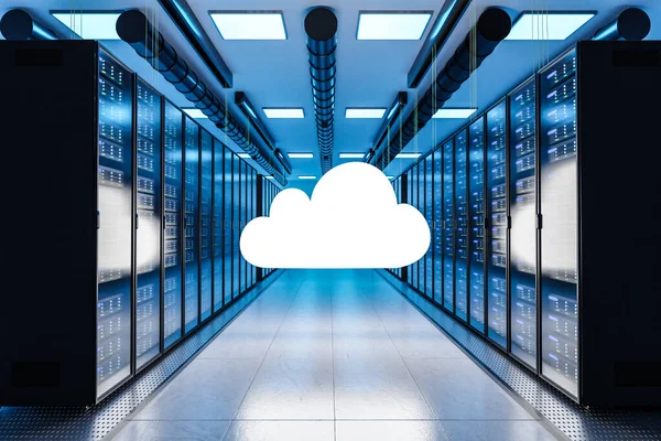 大型现代数据中心中的云计算标识多行服务器架 3D说明 — 图库照片