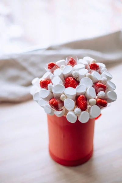 Edible bouquet with fresh strawberry and marshmallow, present for someone you love