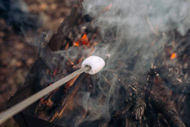 Marshmallow grilling on bonfire, smoke and heat from fire