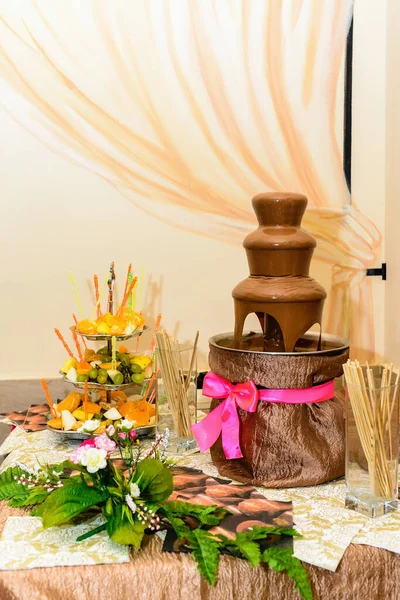 Chocolate Fountain Banquet Table Machine Making Chocolate Fondue Dark Chocolate Stock Photo