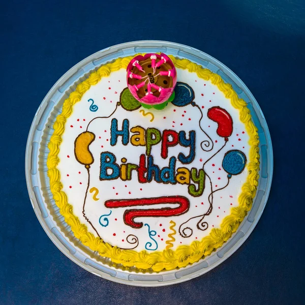 Beautiful Multi Colored Cake Inscription Happy Birthday Blue Background Royalty Free Stock Images