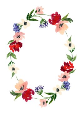 Çiçek açan suluboya çiçekler beyaz arka planda çerçeve ve kart. Doğal gül ve şakayık çiçekli yaz çelengi. Web sayfaları için romantik geçmiş, düğün davetiyeleri, tekstil.