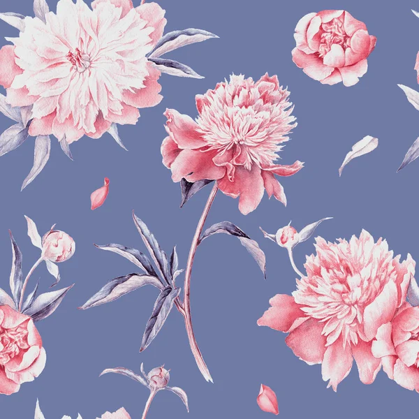 Zomer tuin bloemen Pioenrozen aquarel naadloos patroon. Prachtige handgetekende textuur — Stockfoto