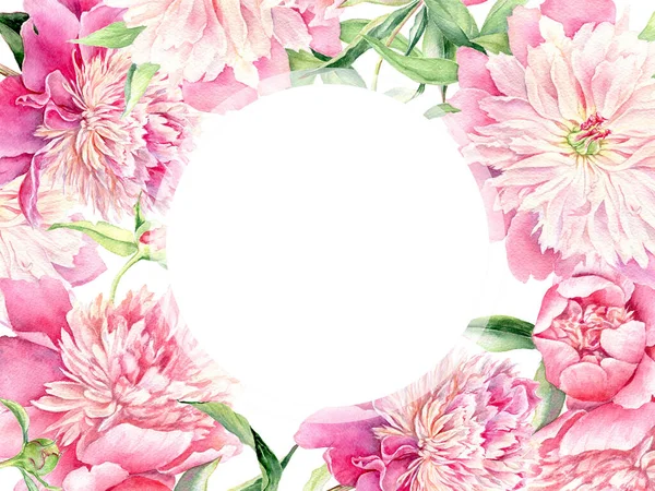 Akvarell rózsaszín bazsarózsa keret. Kézzel húzott virágkoszorú természetes elemekkel — Stock Fotó