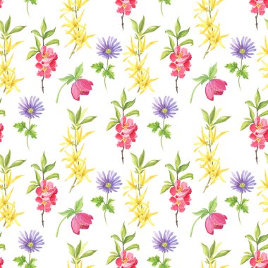Bahar çiçekleri suluboya kusursuz desen. Güzel çiçek açan el çizimi dokusu.