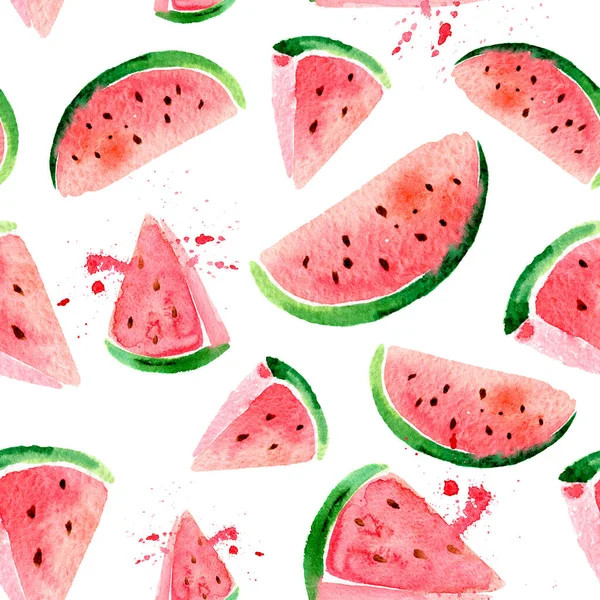 Jednoduchý bezešvý vzor s akvarelovými plátky melounu. Krásné ručně kreslené textury na bílém pozadí. — Stock fotografie