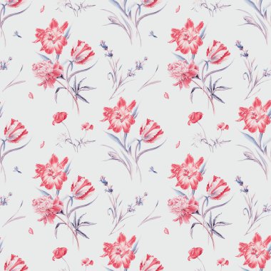 Vahşi çiçeklerle, lalelerle, gelinciklerle, lavantalarla ve şakayıklarla yaz aylarında dikişsiz suluboya desenleri.