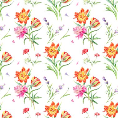 Vahşi çiçeklerle, lalelerle, gelinciklerle, lavantalarla ve şakayıklarla yaz aylarında dikişsiz suluboya desenleri.