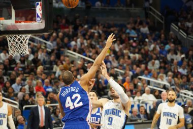 Orlando Magic 27 Aralık 2019 Cuma günü Orlando, Florida 'daki Amway Arena' da Philadelphia 76ers 'a ev sahipliği yapıyor..