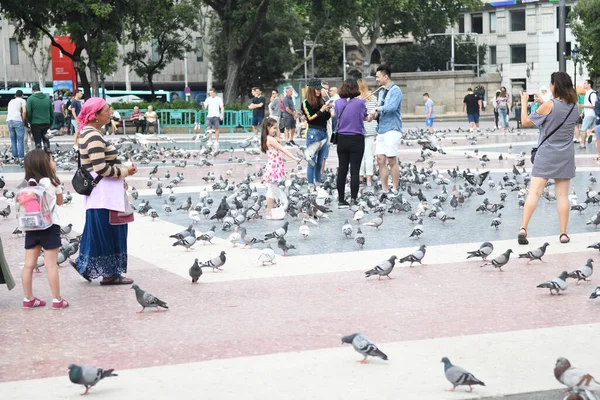 Θέα Στην Κεντρική Πλατεία Όπου Άνθρωποι Ταΐζουν Περιστέρια — Φωτογραφία Αρχείου