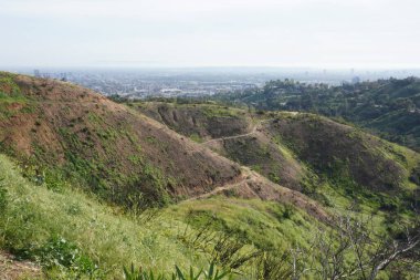 Los Angeles tepelerinin manzarası, tepeler ve şehirler arasındaki yollar.