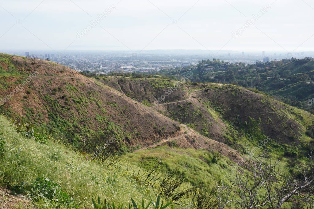 View of Los Angeles hills,  roads between hills and cityscape