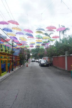 Renkli şemsiyelerle yola bak