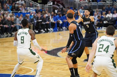 Orlando Magic, Orlando, Florida, ABD 'deki Amway Center' da Milwaukee Bucks 'a ev sahipliği yapıyor. 1 Kasım 2019.  
