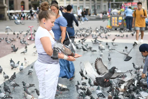 Θέα Στην Κεντρική Πλατεία Όπου Άνθρωποι Ταΐζουν Περιστέρια — Φωτογραφία Αρχείου