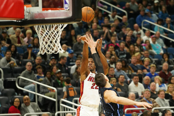 Jimmy Butler #22 shoots a three point at the Amway Center in Orlando Florida on Saturday February 1, 2020 