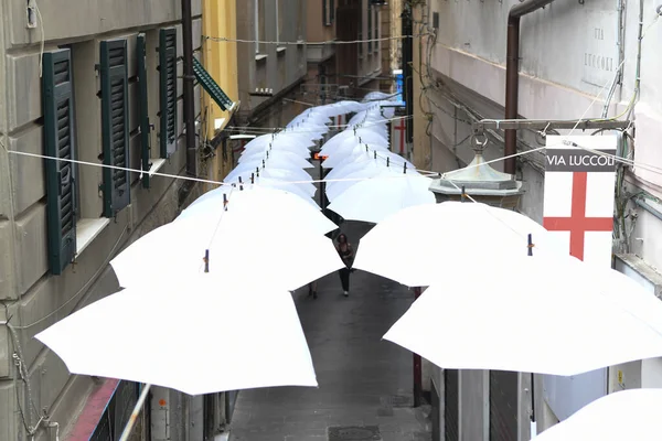 Λευκές Ομπρέλες Στην Όμορφη Πόλη Της Γένοβας — Φωτογραφία Αρχείου