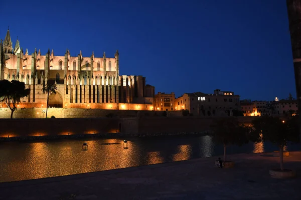 Νυχτερινή Θέα Της Εκκλησίας Της Πάλμα Στην Πάλμα Ντε Μαγιόρκα — Φωτογραφία Αρχείου