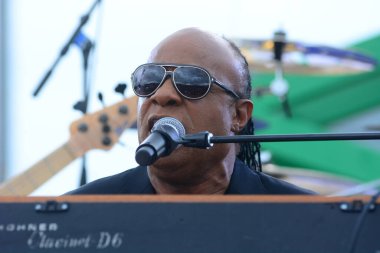 Stevie Wonder, Başkan Barack Obama 'nın 6 Kasım 2016' da Kissimmee Florida 'da başkanlık adaylığını destekleyen mitinginde performans sergiliyor..