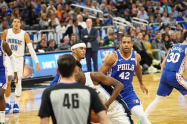 Orlando Magic 27 Aralık 2019 Cuma günü Orlando, Florida 'daki Amway Arena' da Philadelphia 76ers 'a ev sahipliği yapıyor..