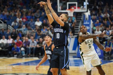 Orlando Magic, Orlando, Florida, ABD 'deki Amway Center' da Milwaukee Bucks 'a ev sahipliği yapıyor. 1 Kasım 2019.  