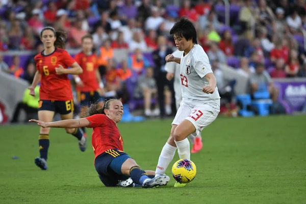 Spain Japan Players Fight Header 2020 Shebelieves Cup Exploria Stadium — Stock Photo, Image