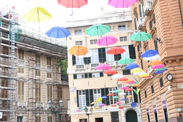 Färgglada Paraplyer Den Vackra Staden Genua Italy — Stockfoto