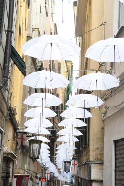 Cenova İtalya 'nın güzel şehrinde beyaz şemsiyeler 