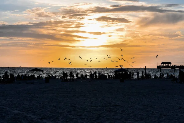 Прекрасный Вид Силуэты Людей Пляже — стоковое фото