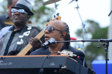 Stevie Wonder, Başkan Barack Obama 'nın 6 Kasım 2016' da Kissimmee Florida 'da başkanlık adaylığını destekleyen mitinginde performans sergiliyor..