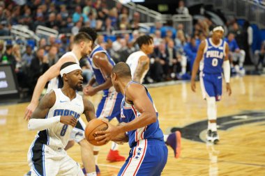 Orlando Magic 27 Aralık 2019 Cuma günü Orlando, Florida 'daki Amway Arena' da Philadelphia 76ers 'a ev sahipliği yapıyor..