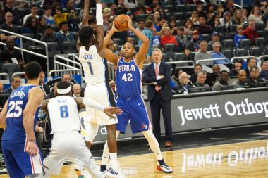 Orlando Magic 27 Aralık 2019 Cuma günü Orlando, Florida 'daki Amway Arena' da Philadelphia 76ers 'a ev sahipliği yapıyor..