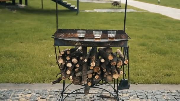 Barbecue with firewood on which there are 3 glasses of cognac. Outdoor recreation — Stock Video