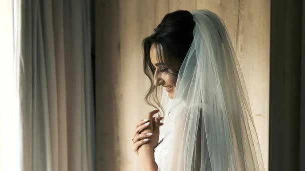 Een mooie bruid in een bruidssluier en badjas zit bij het panoramische raam en wacht op haar prins. Betoverde brunette met een blanke uitstraling. Prachtige bruiloft — Stockvideo