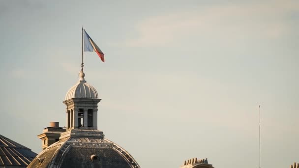 Frankrijk vlag bij winderig weer op een achtergrond van blauwe lucht — Stockvideo