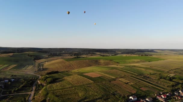Létající balónky na krásné přírodě v létě při západu slunce — Stock video